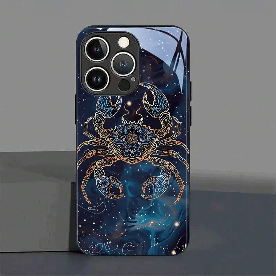 Funda de Teléfono de Vidrio Templado Estilo Sueño de Cáncer Azul Oro Negra para iPhone 16/16Plus/16Pro/16ProMax/15/15Plus/15Pro/15ProMax/14/14Plus/14Pro/14ProMax/13/13Pro/13ProMax/13Mini/12/12Pro/12ProMax/12mini/11/11Pro Max/x/xs/xr/xsmax/7/40 Diseño Creativo de Alta Gama Hermosa Simple para Chicos Chicas Pareja Funda Protectora - Colores mixtos - Ver 1