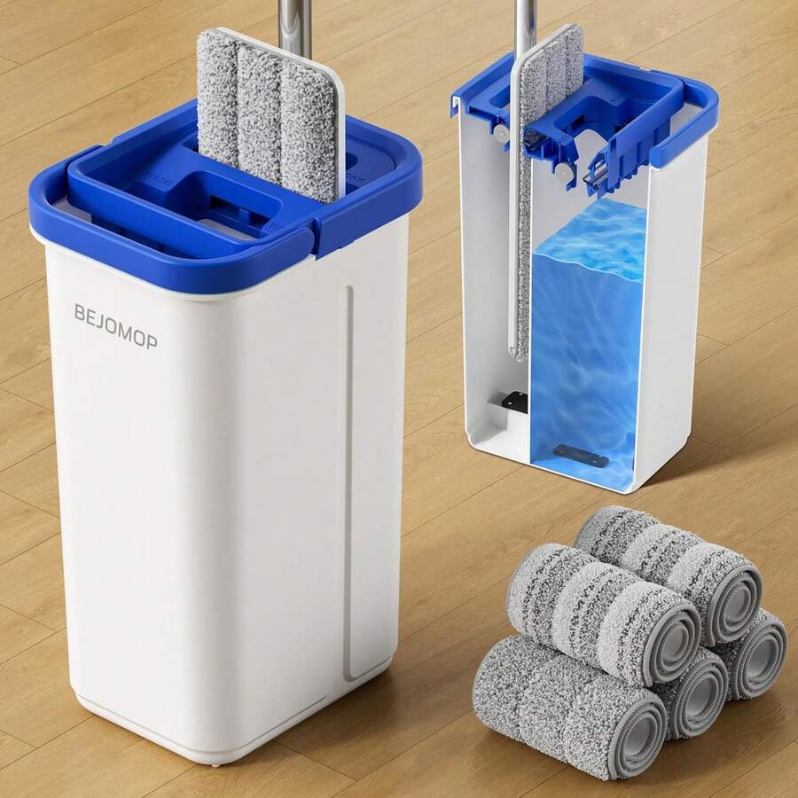 Mop And Bucket Set With Wringer, Dry & Wet Dust Mop For Household Floor Cleaning With 5 Microfiber Mops, Flat Squeeze Spin Wall Mop Cleaner With Long Handle, Slate Blue - Multicolor - View 1