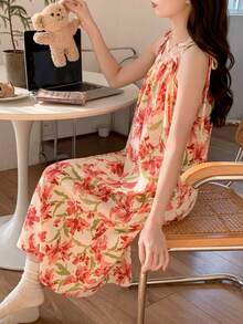 Women's Floral Print Sleeveless Nightgown, Contrast Color Cute Cartoon Casual Nightdress, Suitable For Spring And Summer - Pink - View 7