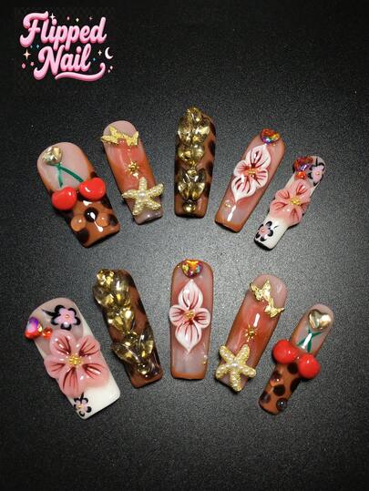 10 Piece 3.3cm Handmade Square Wearing Armor, Paired With Rhinestones, Cherries, Leopard Print, And Petal Decorations, Set With Nail Stickers, Suitable For Women And Girls, Valentine's Day, Parties, Festivals, And Daily Wear. Nail Accessories, Acrylic Nail Kit, Including Kit, Hand Pressed Nail Art, Fake Nail Stickers, And Nail Supplies.