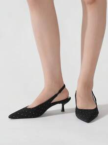 Sparkling Women's Sexy Rhinestone Decor Pointed Toe Kitten Heels, Fashionable Elegant High Heel Pumps, Suitable For Daily Wear, Wedding, Prom, Vacation, Distinctive Glamorous Fashion Shoes For Halloween, Christmas, Autumn, Disco, Evening Party - Black - View 5