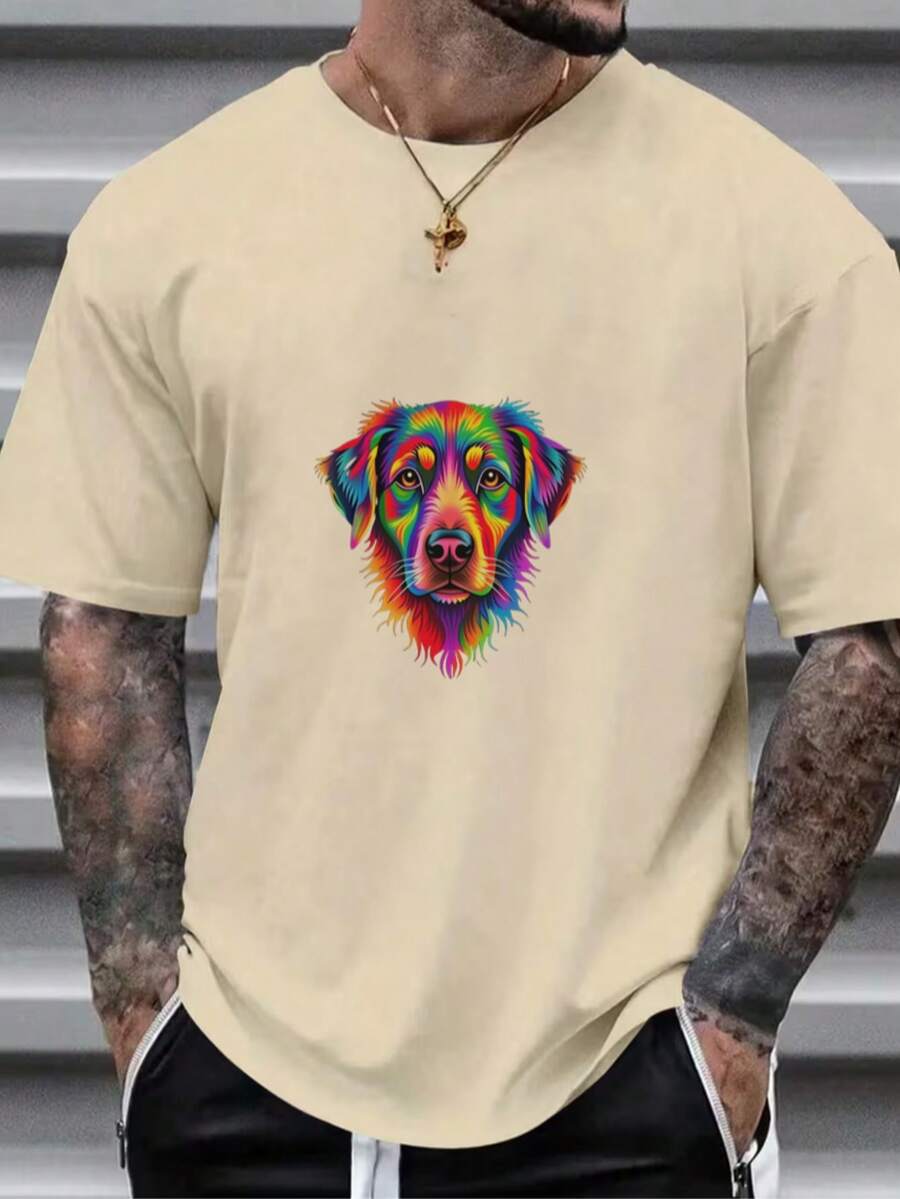 Black Cotton T-Shirt With Colorful Dog Pattern And Style - Khaki - View 1