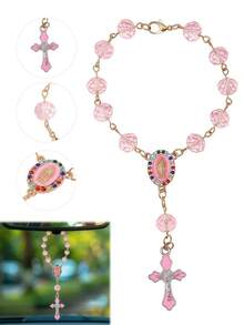 1pc Pink Crystal Rhinestone Cross Rosary Bracelet, Rearview Mirror Hanging Decor For Car, Women - A - View 6