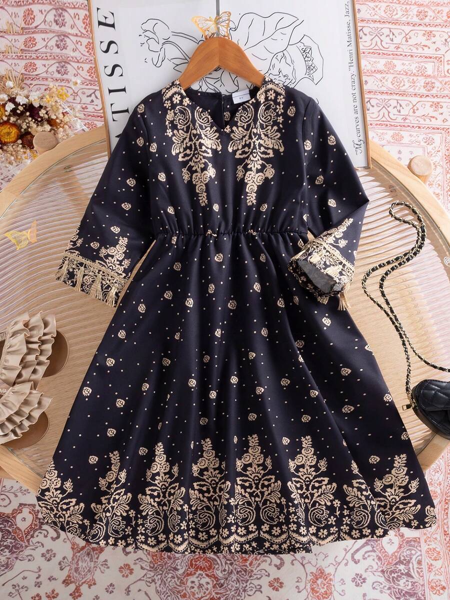 Young Girl Elegant Floral Print Tassel Trim Long Dress, Suitable For Daily, Outdoor, Commute, Vacation, Party, Spring/Summer