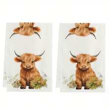 农舍高地牛图案厨房毛巾礼品，超强吸水卡通图案，可机洗重复使用，适用于家庭、厨房、浴室、汽车、窗户清洁 - 柔软针织抹布