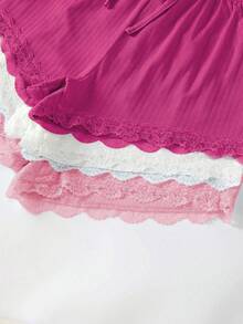 1 Piece Women's Pink Ribbed Lace Trim Sleepwear Set: Sleeveless Camisole & Shorts Loungewear, Adjustable Strap Feminine Sleep Set With Elastic Waist Drawstring Bottoms, Soft Breathable Ribbed Fabric For Daily Home Wear, Brunch Dates, Weekend Getaways, Coffee Gatherings, Nighttime Relaxation, Gift Exchanges & Gifting To Style-Conscious Females, Homebody Enthusiasts, Travelers, Casual Outfit Lovers Who Cherish Comfortable Feminine Sleep Sets That Blend Lace Accents & All-Day Versatility - 粉色 - 查看 6