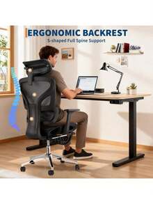 Silla de oficina ergonómica con respaldo de malla transpirable, soporte de espalda alta y reposapiés, silla de escritorio de oficina con reposabrazos ajustables en 3D y ruedas rodantes lisas, silla de escritorio cómoda para el trabajo, el estudio o los juegos - Negro - Ver 3