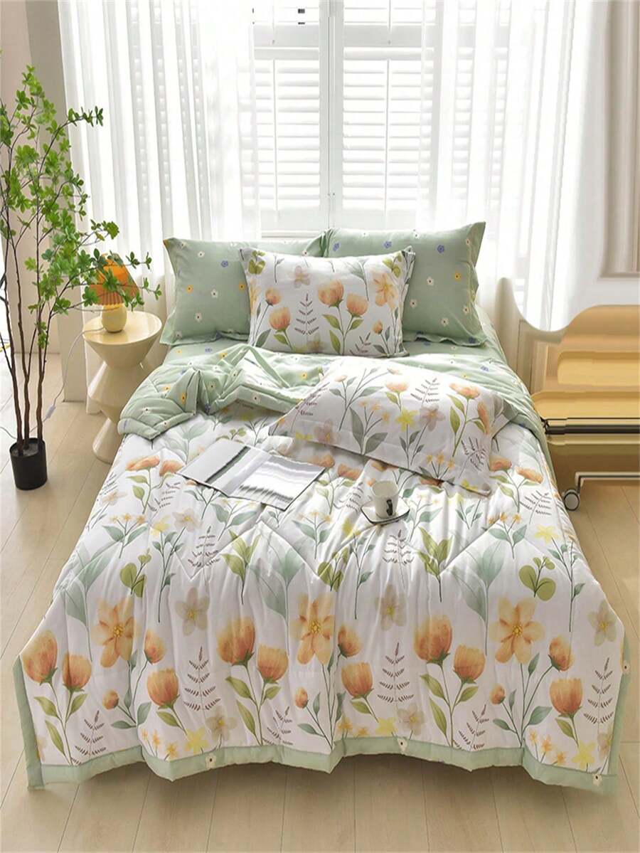 1件亲肤格子+花卉绗缝宽边夏季被，柔软细腻，吸湿透气，简约时尚空调被 - 夏意mianmian - 查看 1