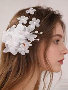 1件手工雪纺白色花朵蕾丝发夹，摄影棚婚纱头饰配饰 - 89921白 - 查看 5
