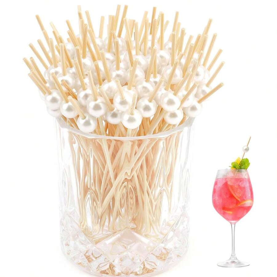 40/300/200/100/50/10 pièces Cure-dents en bambou élégants blancs à perle, de 12 cm de long, convenant pour les amuse-gueules, Noël, les fêtes de mariage, la décoration de nourriture et de boissons, les brochettes de fruits
