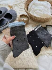 5 đôi tất chấm bi (giao ngẫu nhiên) cho nữ, dài đến giữa bắp chân, phong cách Hàn Quốc, tất dài ấm áp viền ren - Nhiều màu - Xem 4