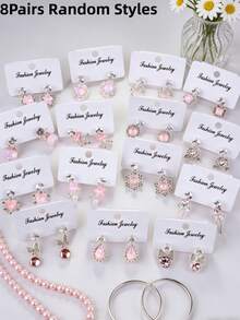 5对/套 精致可爱时尚水钻耳环 男女童款 蝴蝶心形雪花水滴随机款式 节日派对生日礼物 日常佩戴饰品 - 5對水鑽兒童耳釘 - 查看 14
