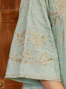 2026 New Style Elegant Embroidered Gold Arabic Dress JALABIA, Round Neck Long Sleeve, Fashionable And Graceful - Green - View 5