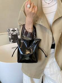 Bolso bandolera mini cubo de unicolor con correa de cadena, de tamaño pequeño y de moda - Negro - Ver 3