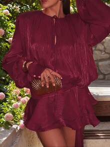 千禧风系带荷叶领双层荷叶边灯笼袖衬衫裙，无腰带，性感优雅，适合圣诞节、婚礼、正式场合、新年、情人节、鸡尾酒会、秋季等各种场合。