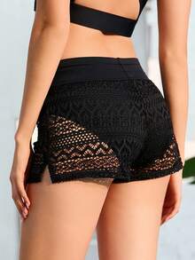 Women Beachwear Solid Color Right Angle Swimwear Bikini Bottom Shorts For Swimming Pool, Summer Beach Lace Splicing Drawstring See-Through V-Notch 2 In 1/Deconstructed Swimwear Beach Vacation - Black - View 6