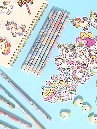 5pcs Unicorn Theme Party Gift Set, Includes Cartoon Pencil, Eraser And Stickers, Suitable For Children's Classroom Rewards, Birthday Party Gifts, Gift Bag Fillers And School Supplies