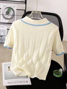 2026 New Spring/Summer Lightweight Knit Polo Collar Blouse With Premium Plant Embroidery & Cutout Design For Women - Apricot - View 2