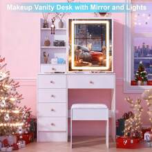 Frisiertisch Schreibtisch Set Mit Hocker LED-Licht-Spiegel Schubladen - White - View 3