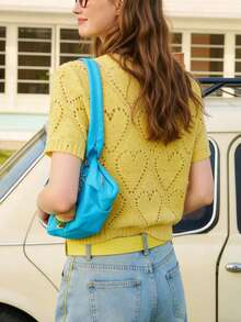 心形镂空针织女式衬衫，时尚独特短袖上衣，百搭（随机波点印花）夏季 - 黃色 - 查看 3