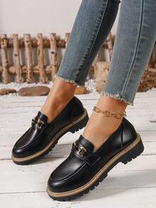1双女士金属扣PU皮防滑圆头平底休闲复古乐福鞋，适合校园和日常穿着 - 黑色 - 查看 4