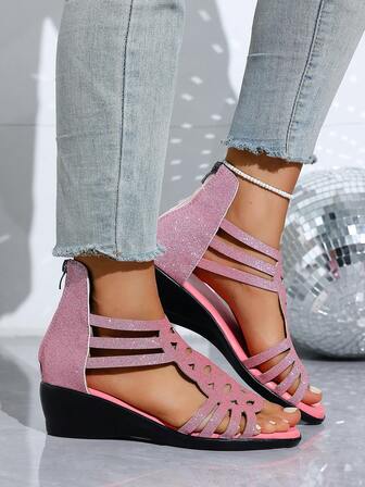 New Sweet & Spicy Girl Style Wedge Thick Bottom Sandals, Fully Rhinestone Glossy Hollow Woven Open Toe Mid-Heel Shoes. Zipper Back Design, Fashionable For Party, Valentine's Day, Shopping, Elongating Legs, Comfortable & Versatile