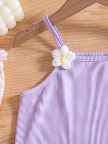 Girls Casual Sleeveless Top With 3D Floral Design And Elastic Waist Layered Umbrella Skirt, Spring/Summer - Purple - View 4