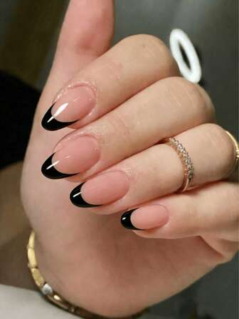 24 piezas de puntas de uñas de almendra francesas medianas en negro y blanco, forma de uña de almendra clásica y elegante, reutilizables, adecuadas para niñas/mujeres, actrices, actuaciones en el escenario, festivales, fiestas, bodas, uso diario