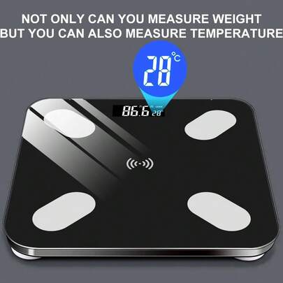 SOKANY 二合一智能电子秤，可测量体重和体温。电池供电（需2节AAA电池），带温度显示和高清LED显示屏，一键单位切换，自动开关机，钢化玻璃材质，最大称重396磅。适合家庭和健身房使用。健身和减肥必备。