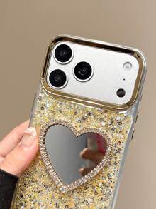 1pc Luxury Bling Glitter Golden Sequin Electroplated Camera Frame Diamond Mirrored Heart Phone Case Compatible With IPhone 17 Pro Max Air 17 Pro 16 15 14 13 12 Pro Max Plus Soft TPU Back Cover - Gold - View 2