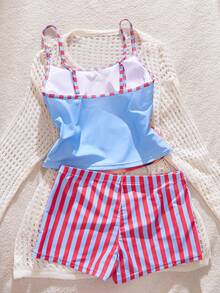 女士吊带比基尼泳衣，夏季条纹芙蓉花印花T恤沙滩上衣，内置胸罩/外套/生日装/休闲装/Y2K/2000年代/千禧年时尚/优雅/老钱风/街头风/度假装/女孩沙滩装 - 彩色 - 查看 7