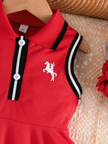 女童休闲条纹领刺绣连衣裙，户外运动简约女童连衣裙，夏季 - 紅色 - 查看 4