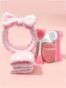 6件套美容工具套装 | 蝴蝶结发带、腕带、洁面刷、卸妆棉和面部按摩滚轮；舒适的植绒发带、柔软的刷毛和柔软的硅胶材质；适用于护肤和清洁。 - 彩色 - 查看 3