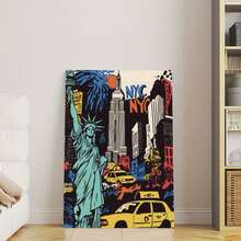 1pc Vintage New York Skyline Canvas Art Prints - Statue Of Liberty Wall Decoration, Vintage New York City Landscape Posters With Iconic Green Statues And Yellow Taxis, Canvas For Bedroom, Dormitory Or Gallery, Dormitory Room Decoration | Art Wall Decoration | Classic Decorative Style Vintage Frameless Wall Arts Posters - Multicolor - View 13