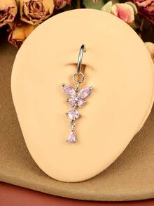 2件套14G 316L不锈钢时尚蝴蝶结心形立方氧化锆肚脐环，可爱日常肚脐饰品，女士肚脐环套装，粉色/白色/蓝色，杆长10毫米