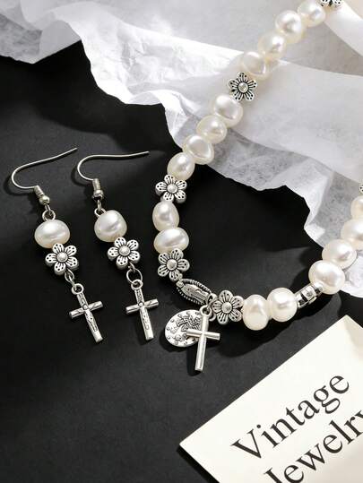 Set de 3 piezas que incluye: Colgante de la Virgen María, Cruz de Jesús, Pulsera y Aretes con perlas barrocas falsas - Joyería vintage elegante y versátil, accesorios para mujer adecuados para uso diario, fiestas y reuniones