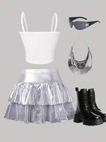 Tween Girl Frill Trim Camisole Top And Frill Trim Laser Cut Layered Skirt Set, Spring/Summer - Silver - View 2