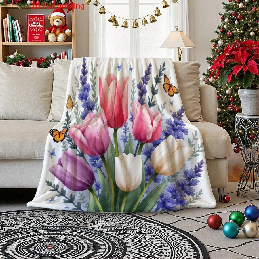 1pc S Flannel Blanket 2D Flat Printing High Definition Printed Blanket Lavender Tulips Pink Purple White Butterflies Floral Watercolor Style Blanket Flannel Blanket, Soft Blanket Nap Blanket, Suitable Sofa Office Bed Camping Travel, Suitable All Seasons MultiPurpose Gift Blanket - As Shown In the Figure - View 1