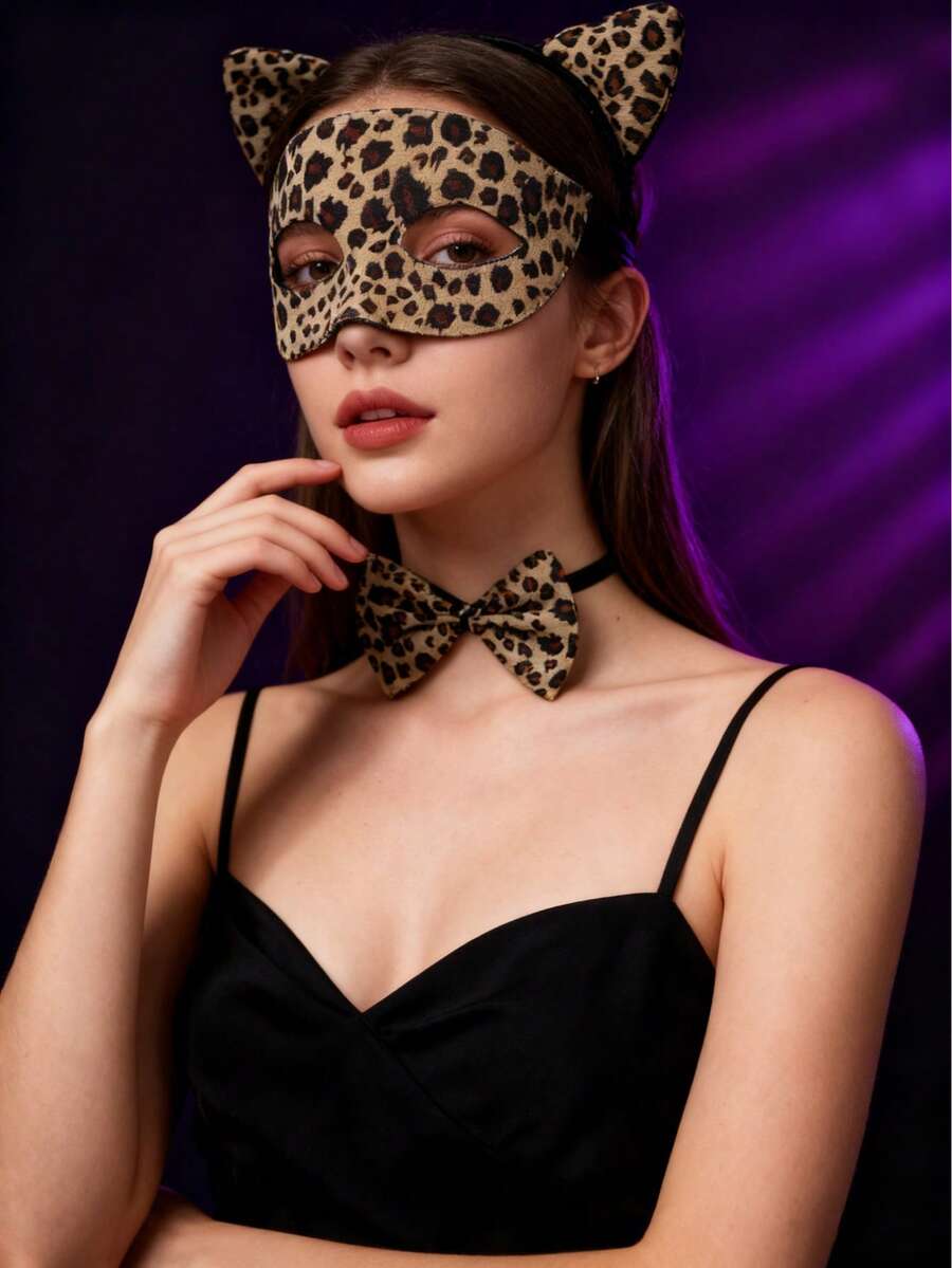 猎豹服装套装,豹纹猫耳发箍带蝴蝶结,化装舞会面具,女士万圣节服装配饰,女士派对服装,适合狂欢节、万圣节派对、圣诞夜、生日派对、角色扮演派对、节日或化装舞会。 - 彩色 - 查看 1