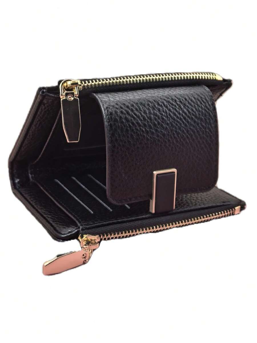 New Women's Snap Closure Short Wallet Delicate Soft PU Leather Dual Layer Zipper Coin Purse Card Holder Minimalist & Fashionable Lightweight For Women Wallet Mini Wallet Purse Wallet Small Wallet Cute Wallet - Black - View 1