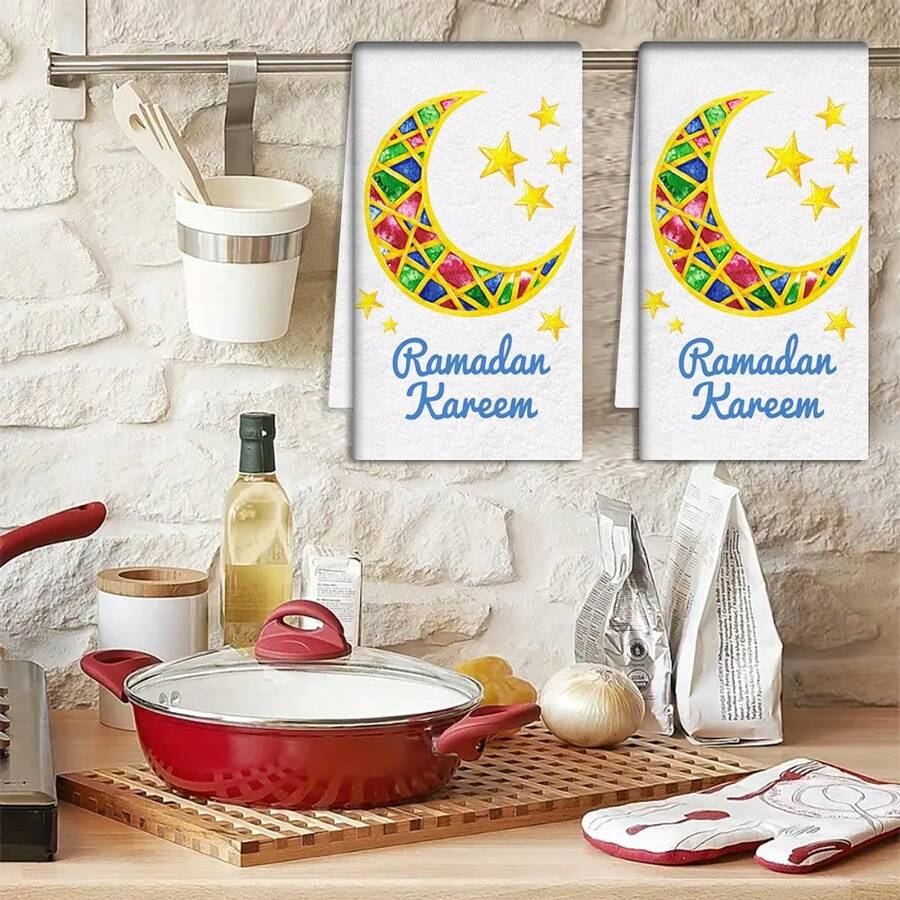 2/4/48pcs Kitchen Dishcloths, Polyester Colorful Moon & Star Pattern Dishcloths, Absorbent Soft , Suitable For Kitchen Cleaning And Holiday Decoration, Accentuate Ramadan Kareem Festive Atmosphere, Ramadan Gift, Ramadan Room Decor