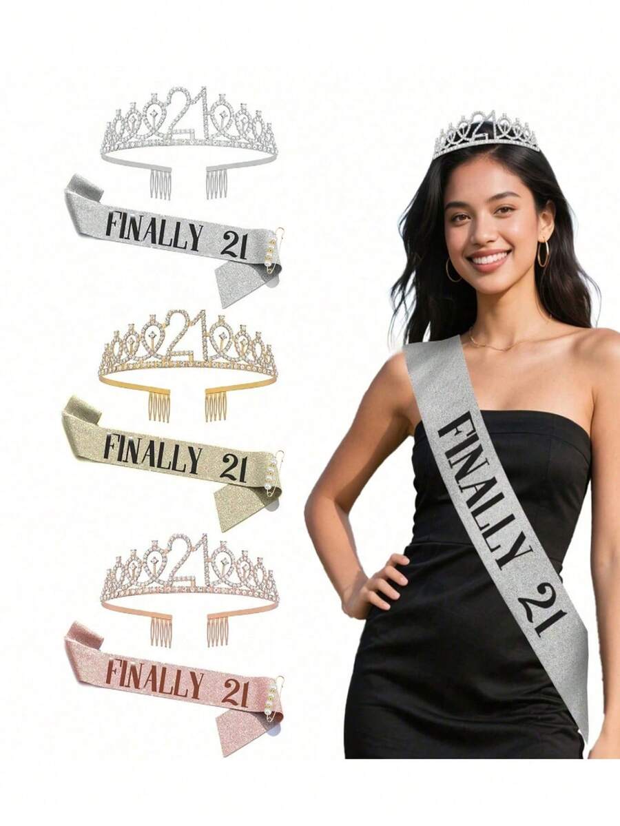 21st Birthday Sash And Rhinestone Crown Set, 21st Birthday Gift, Party Supplies And Decorations For Her - Multicolor - View 1