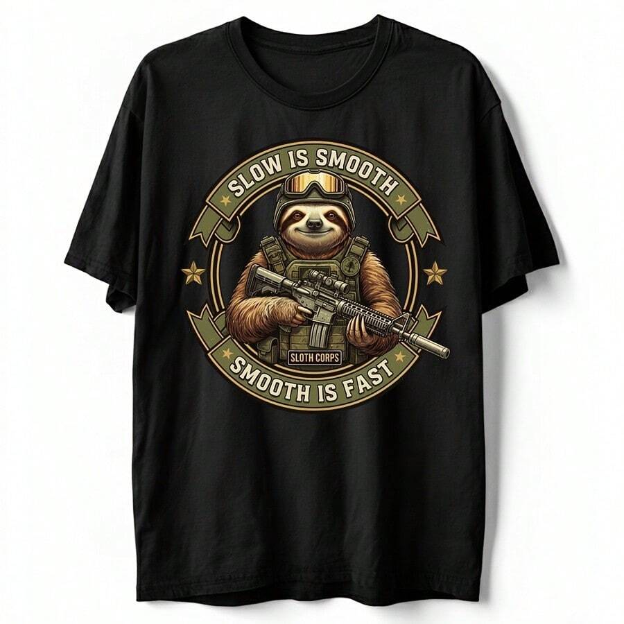 Tactical Sloth T-Shirt Slow Is Smooth Smooth Is Fast Funny Military Gift Tee - Black - View 1