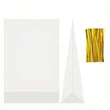 50pcs Flat Accordion Style Handled Bags, Clear Cellophane Gift Bags With Drawstring, Party Favor Bags