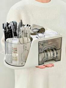 1个带2个抽屉的旋转收纳盒，适用于浴室、梳妆台、书桌，可存放化妆品、文具等，4个隔层方便整理，是返校、圣诞节、生日礼物的理想之选，白色