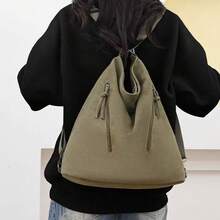 女士多功能帆布单肩包，休闲斜挎包，带拉链口袋，适合旅行和聚会 - 綠色 - 查看 3