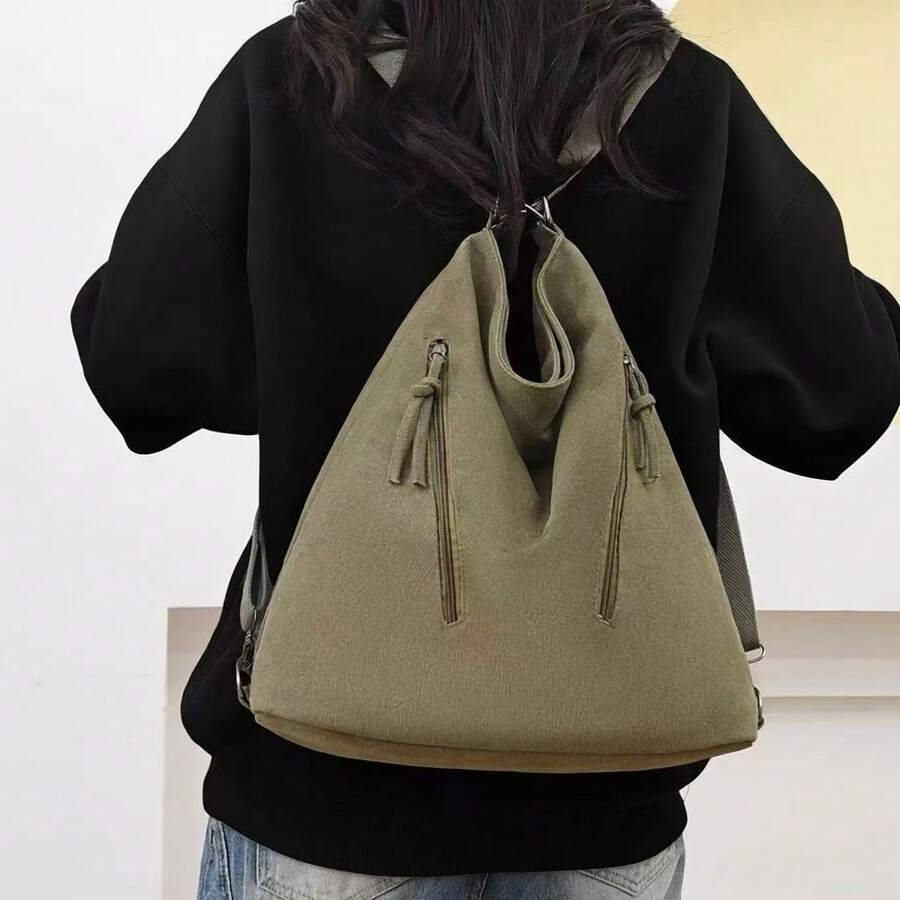 1pc Multipurpose Canvas Shoulder Bag For Women, Casual Crossbody Bag With Zipper Pockets, Suitable For Travel & Gatherings - Green - View 1