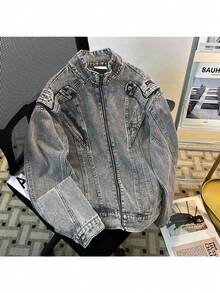 Men's American Retro Washed Stitched Denim Jacket Jacket Men's Handsome Fashion Brand Street Design Sense Motorcycle Suit - JK8636 Denim Jacket - Grey - View 4