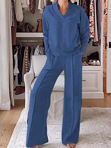 2-Piece Set Of Wide-Leg Pants - Loose Long-Sleeved And Pants, Anti-Wrinkle Both Office And Casual Wear, Washable Spring And Autumn Business Attire - Màu xanh lam - Xem 2