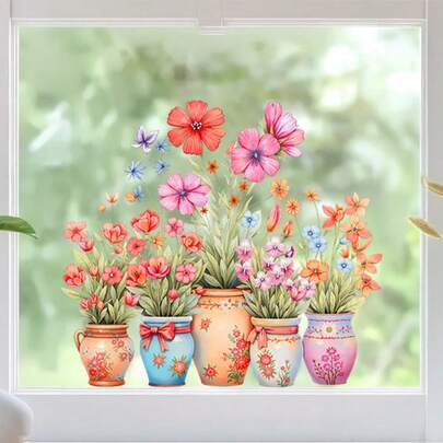 Spring Potted Flower Stickers | Butterfly Sunflower Glass Window Stickers, Shop Window Beautification Stickers, Bathroom Stickers, Spring Home Decoration, Mixed Color, Matte Finish, Self-Adhesive